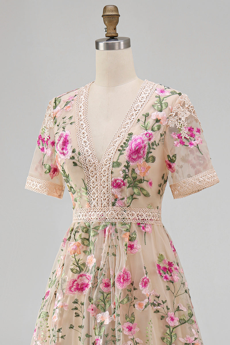 Load image into Gallery viewer, Ruffled A Line Maxi Blush Floral Wedding Guest Dress with Lace