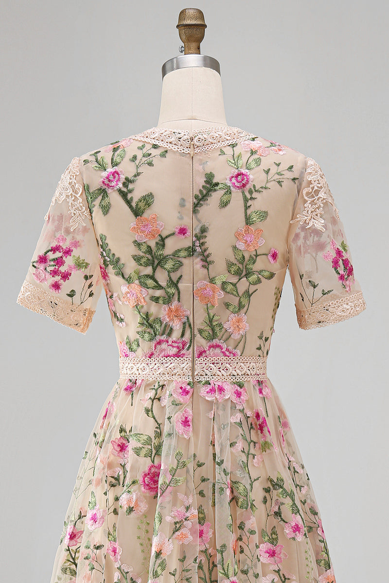 Load image into Gallery viewer, Ruffled A Line Maxi Blush Floral Wedding Guest Dress with Lace