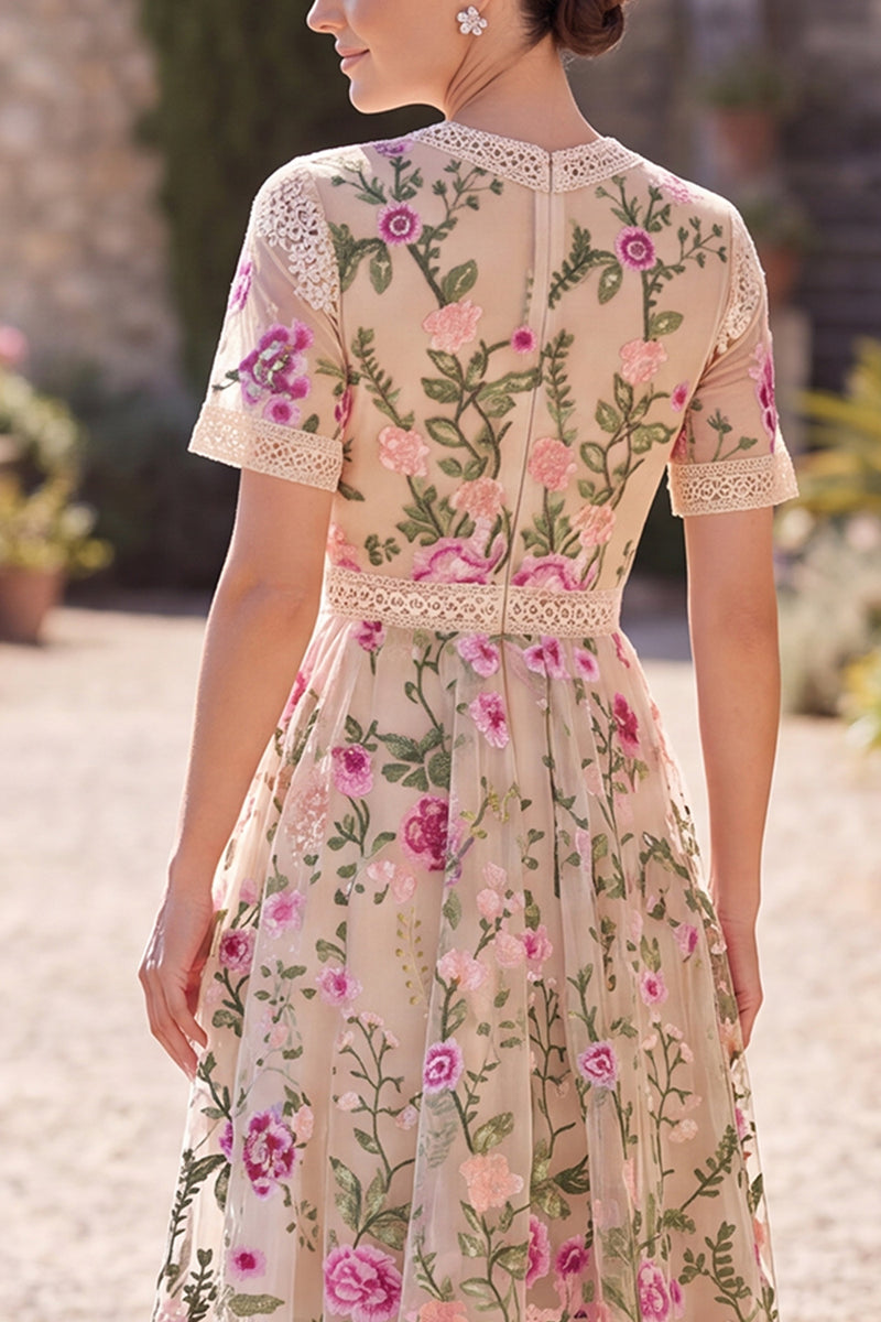 Load image into Gallery viewer, Ruffled A Line Maxi Blush Floral Wedding Guest Dress with Lace