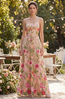 Load image into Gallery viewer, A Line Blush Maxi Floral Spaghetti Straps Wedding Guest Dress