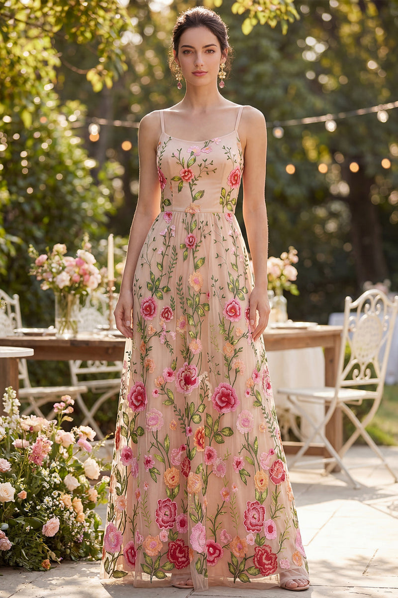 Load image into Gallery viewer, A Line Blush Maxi Floral Spaghetti Straps Wedding Guest Dress