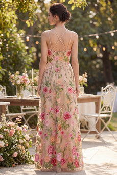 A Line Blush Maxi Floral Spaghetti Straps Wedding Guest Dress