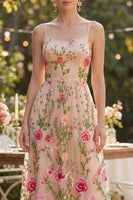 Load image into Gallery viewer, A Line Blush Maxi Floral Spaghetti Straps Wedding Guest Dress