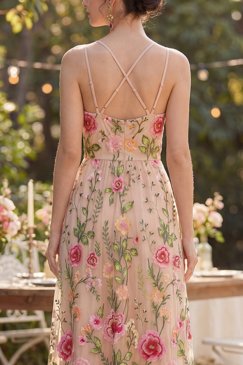 Load image into Gallery viewer, A Line Blush Maxi Floral Spaghetti Straps Wedding Guest Dress