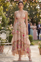 Load image into Gallery viewer, Blush V-Neck A Line Maxi Floral Ruched Wedding Guest Dress with Ruffles