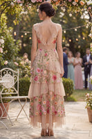 Load image into Gallery viewer, Blush V-Neck A Line Maxi Floral Ruched Wedding Guest Dress with Ruffles