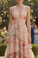Load image into Gallery viewer, Blush V-Neck A Line Maxi Floral Ruched Wedding Guest Dress with Ruffles