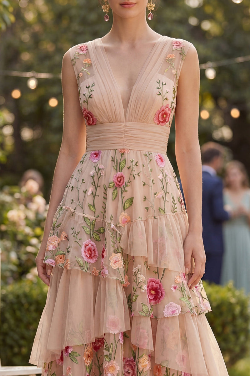 Load image into Gallery viewer, Blush V-Neck A Line Maxi Floral Ruched Wedding Guest Dress with Ruffles