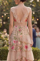 Load image into Gallery viewer, Blush V-Neck A Line Maxi Floral Ruched Wedding Guest Dress with Ruffles