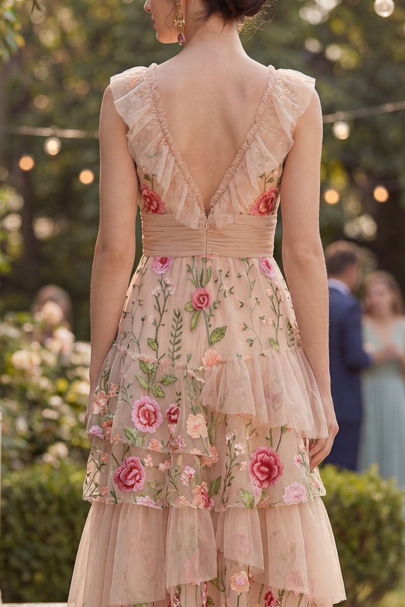 Load image into Gallery viewer, Blush V-Neck A Line Maxi Floral Ruched Wedding Guest Dress with Ruffles