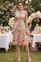 Load image into Gallery viewer, Ruched A Line Floral Knee Length Blush V-Neck Wedding Guest Dress