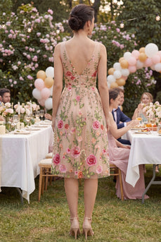 Ruched A Line Floral Knee Length Blush V-Neck Wedding Guest Dress