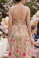 Load image into Gallery viewer, Ruched A Line Floral Knee Length Blush V-Neck Wedding Guest Dress