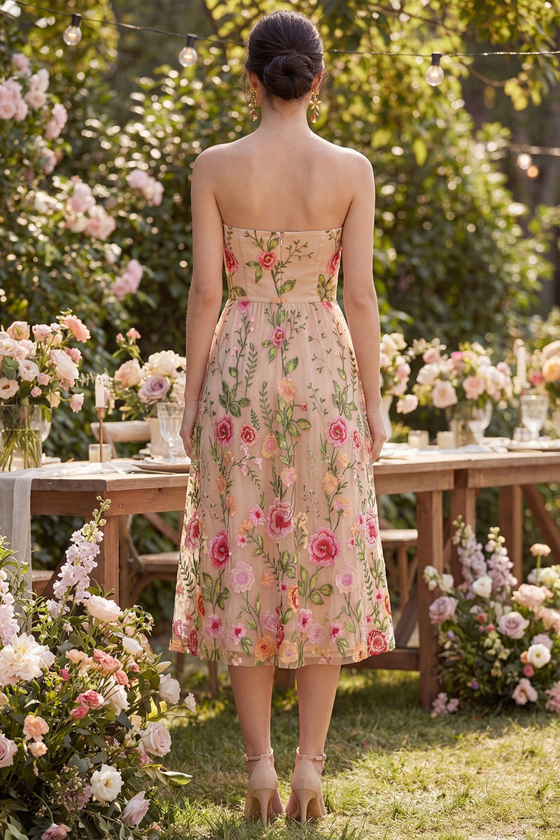 Load image into Gallery viewer, Strapless Maxi Floral A Line Blush Wedding Guest Dress