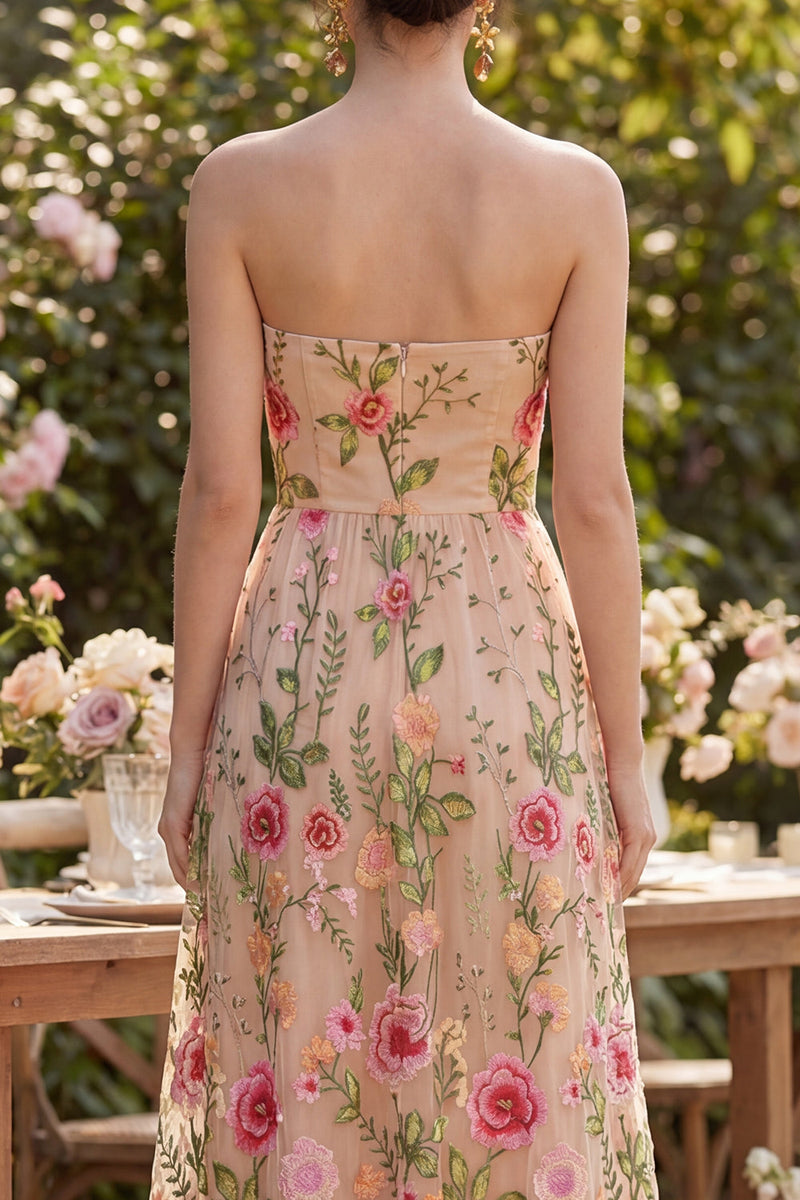 Load image into Gallery viewer, Strapless Maxi Floral A Line Blush Wedding Guest Dress
