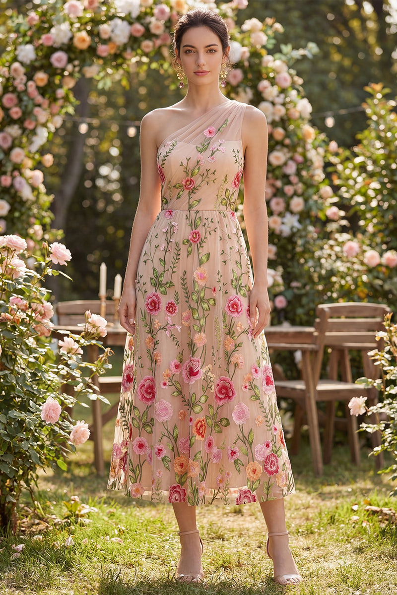 Load image into Gallery viewer, One Shoulder Ruched Floral A Line Maxi Blush Wedding Guest Dress