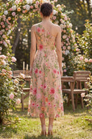 Load image into Gallery viewer, One Shoulder Ruched Floral A Line Maxi Blush Wedding Guest Dress