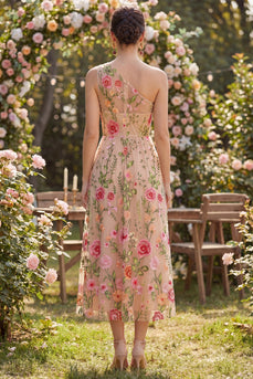 One Shoulder Ruched Floral A Line Maxi Blush Wedding Guest Dress