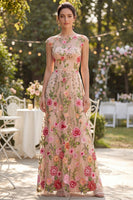 Load image into Gallery viewer, Cap Sleeves Boat Neck Maxi Floral A Line Blush Wedding Guest Dress