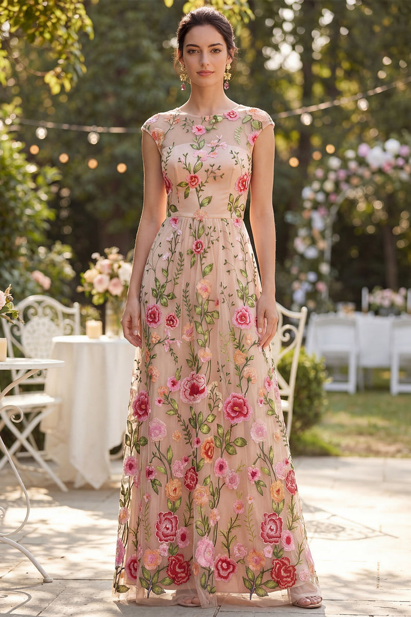 Load image into Gallery viewer, Cap Sleeves Boat Neck Maxi Floral A Line Blush Wedding Guest Dress
