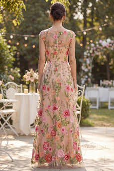 Cap Sleeves Boat Neck Maxi Floral A Line Blush Wedding Guest Dress