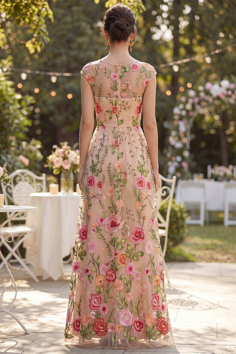 Load image into Gallery viewer, Cap Sleeves Boat Neck Maxi Floral A Line Blush Wedding Guest Dress