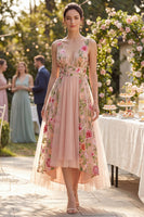 Load image into Gallery viewer, Floral A Line V-Neck Maxi Blush Wedding Guest Dress