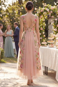 Floral A Line V-Neck Maxi Blush Wedding Guest Dress