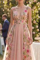 Load image into Gallery viewer, Floral A Line V-Neck Maxi Blush Wedding Guest Dress