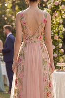 Load image into Gallery viewer, Floral A Line V-Neck Maxi Blush Wedding Guest Dress