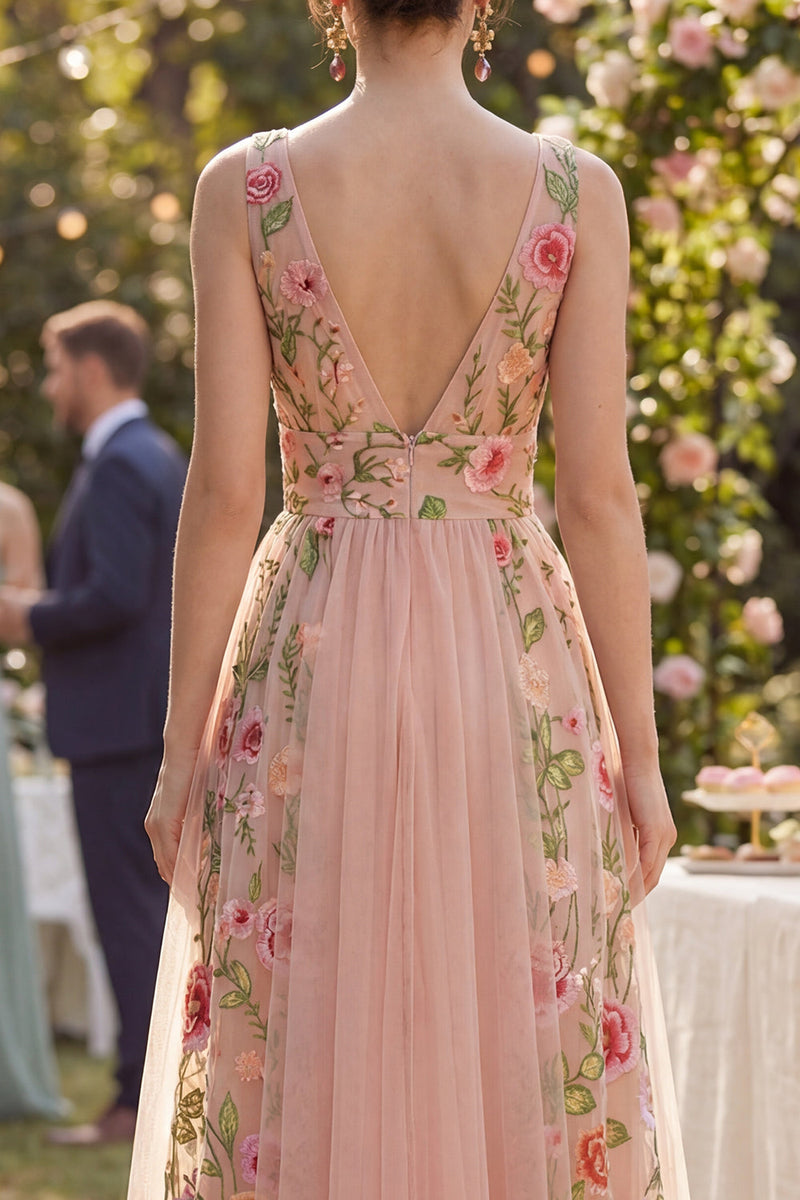 Load image into Gallery viewer, Floral A Line V-Neck Maxi Blush Wedding Guest Dress