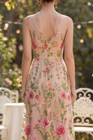 Load image into Gallery viewer, Blush V-Neck A Line Floral Maxi Wedding Guest Dress