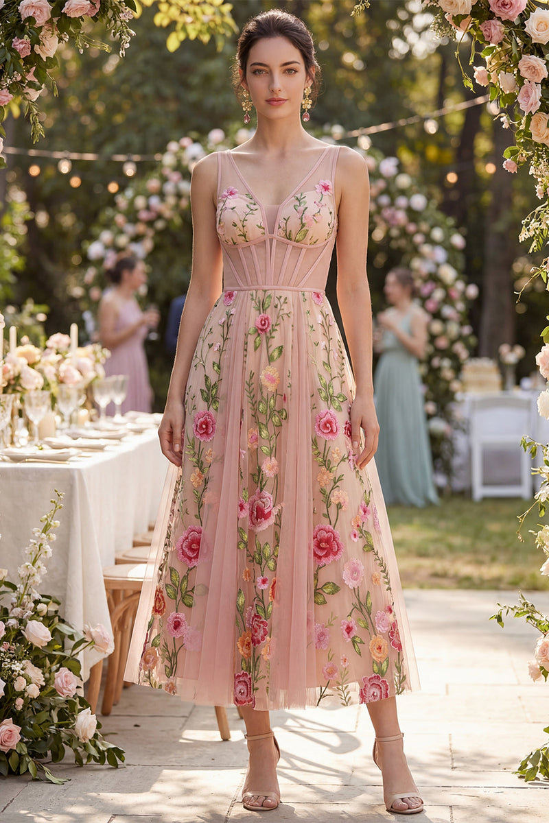 Load image into Gallery viewer, Corset Blush A Line V-Neck Maxi Floral Wedding Guest Dress