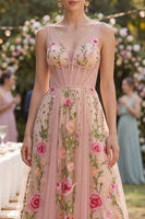 Load image into Gallery viewer, Corset Blush A Line V-Neck Maxi Floral Wedding Guest Dress