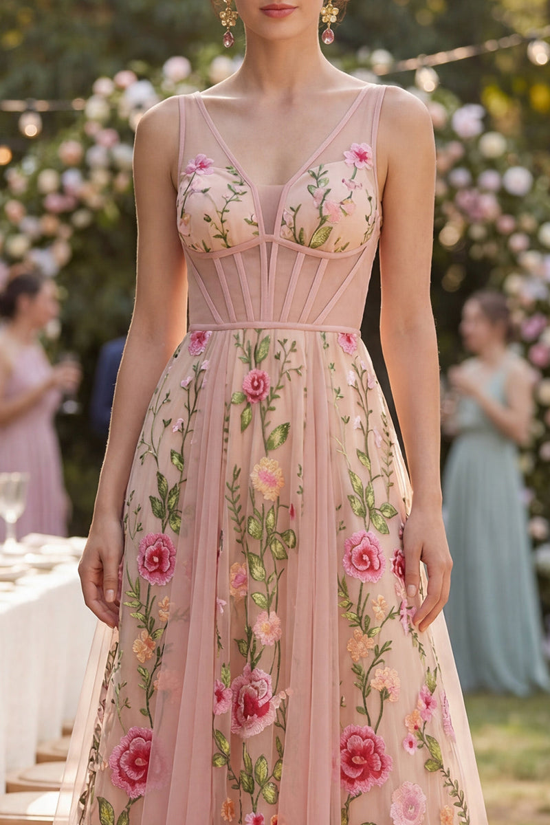 Load image into Gallery viewer, Corset Blush A Line V-Neck Maxi Floral Wedding Guest Dress