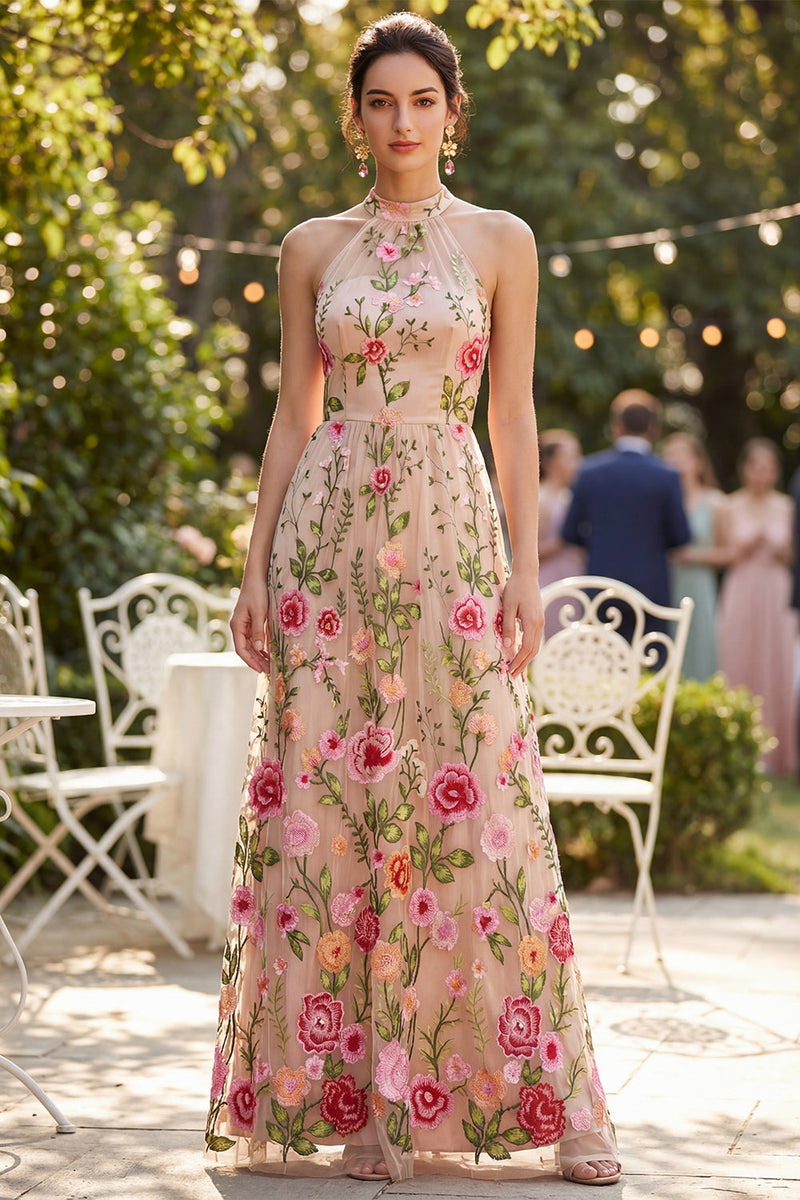 Load image into Gallery viewer, Blush Floral High Neck Maxi A Line Wedding Guest Dress