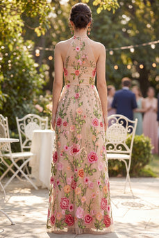 Blush Floral High Neck Maxi A Line Wedding Guest Dress