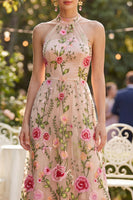 Load image into Gallery viewer, Blush Floral High Neck Maxi A Line Wedding Guest Dress