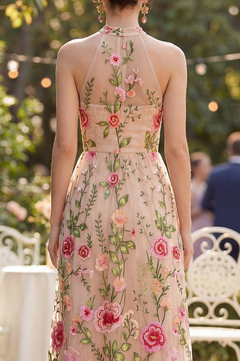 Load image into Gallery viewer, Blush Floral High Neck Maxi A Line Wedding Guest Dress