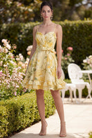 Load image into Gallery viewer, Ruffled Floral Ruched Butter Yellow A Line Short Wedding Guest Dress with Bow