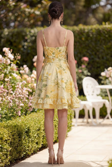 Ruffled Floral Ruched Butter Yellow A Line Short Wedding Guest Dress with Bow