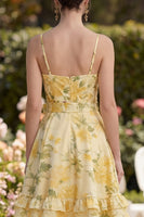 Load image into Gallery viewer, Ruffled Floral Ruched Butter Yellow A Line Short Wedding Guest Dress with Bow