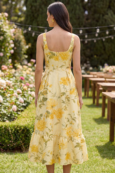Square Neck Butter Yellow Floral A Line Maxi Wedding Guest Dress