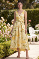 Load image into Gallery viewer, Floral Butter Yellow V-Neck Ruched Maxi A Line Wedding Guest Dress with Bow