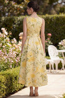 Load image into Gallery viewer, Floral Butter Yellow V-Neck Ruched Maxi A Line Wedding Guest Dress with Bow