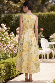 Floral Butter Yellow V-Neck Ruched Maxi A Line Wedding Guest Dress with Bow