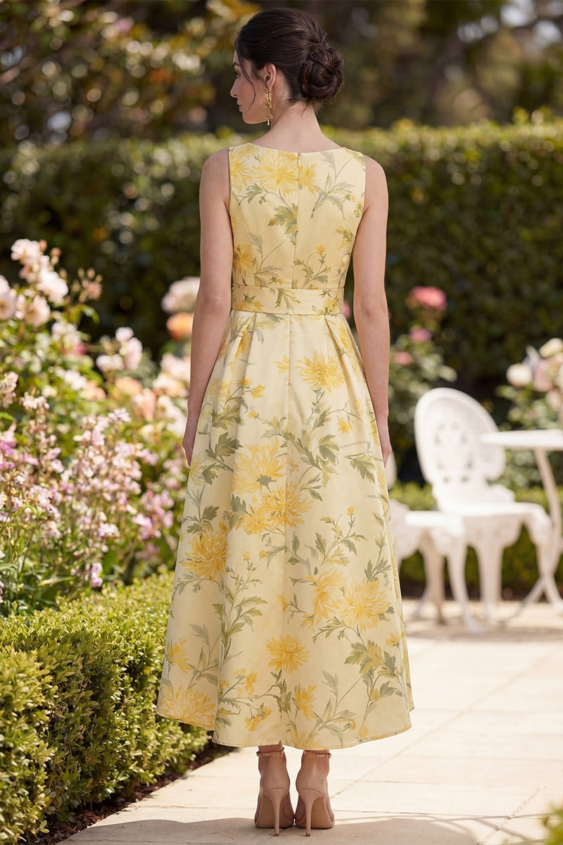 Load image into Gallery viewer, Floral Butter Yellow V-Neck Ruched Maxi A Line Wedding Guest Dress with Bow