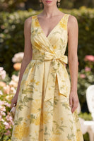 Load image into Gallery viewer, Floral Butter Yellow V-Neck Ruched Maxi A Line Wedding Guest Dress with Bow