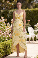 Load image into Gallery viewer, Ruched Floral Sheath Butter Yellow Maxi Spaghetti Straps Wedding Guest Dress