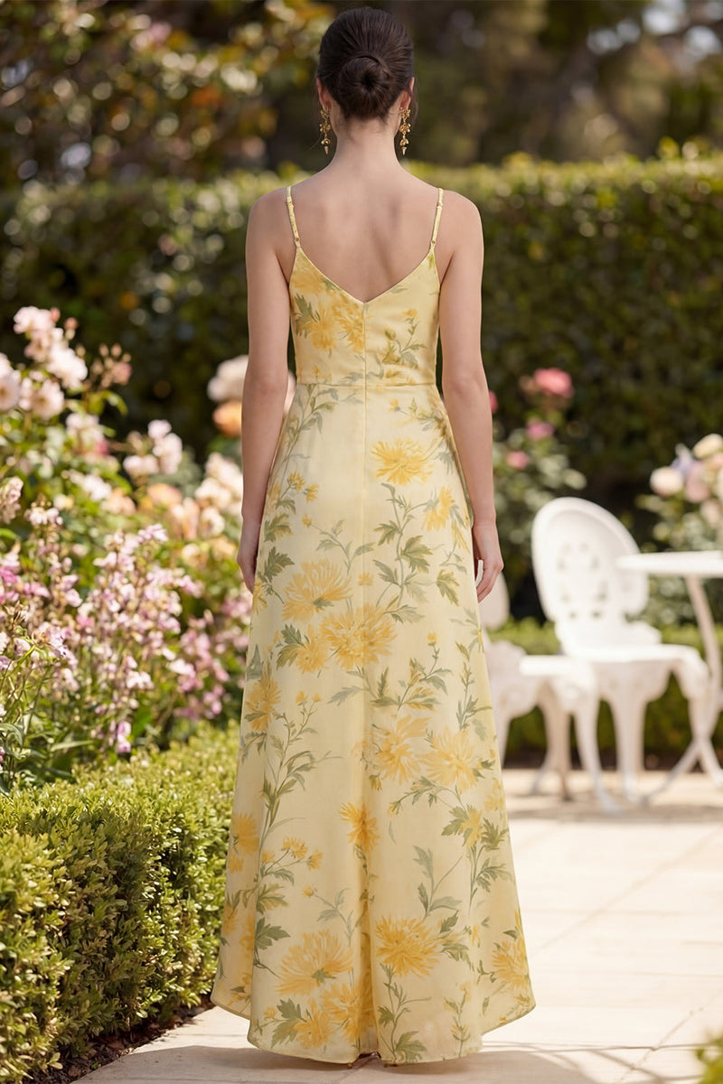Load image into Gallery viewer, Ruched Floral Sheath Butter Yellow Maxi Spaghetti Straps Wedding Guest Dress